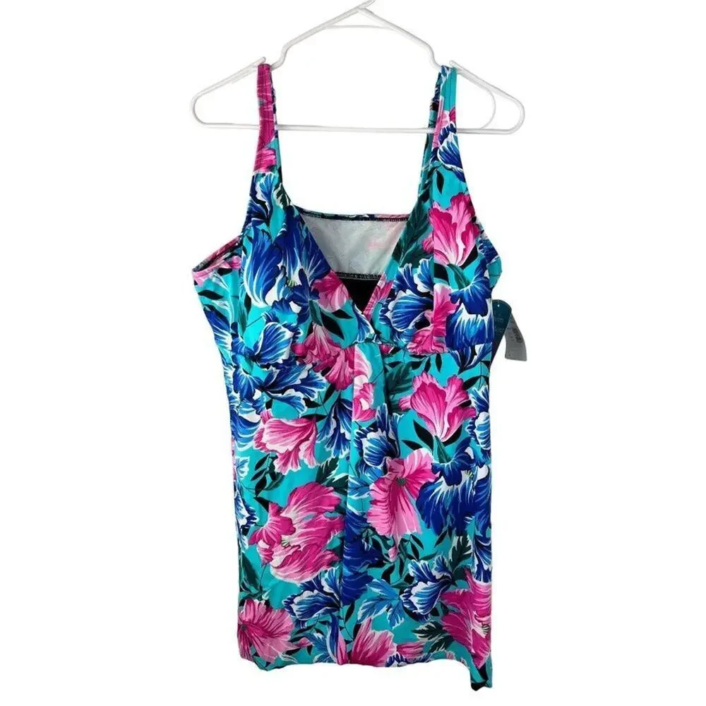 Swim Solutions Plus Size Blue Pink Floral One Piece Swimsuit 22W
